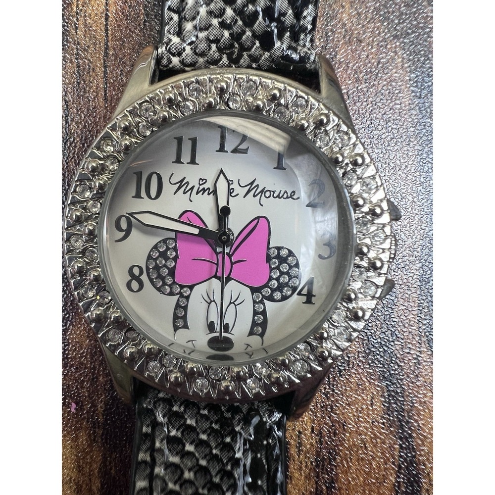 Minnie Mouse Womens Watch 35mm White Dial Crystals Black Strap‎ Needs Battery